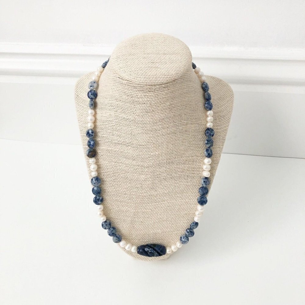 NWT Genuine Ryolite, Sodalite & Pearls Necklace Beaded Blue White